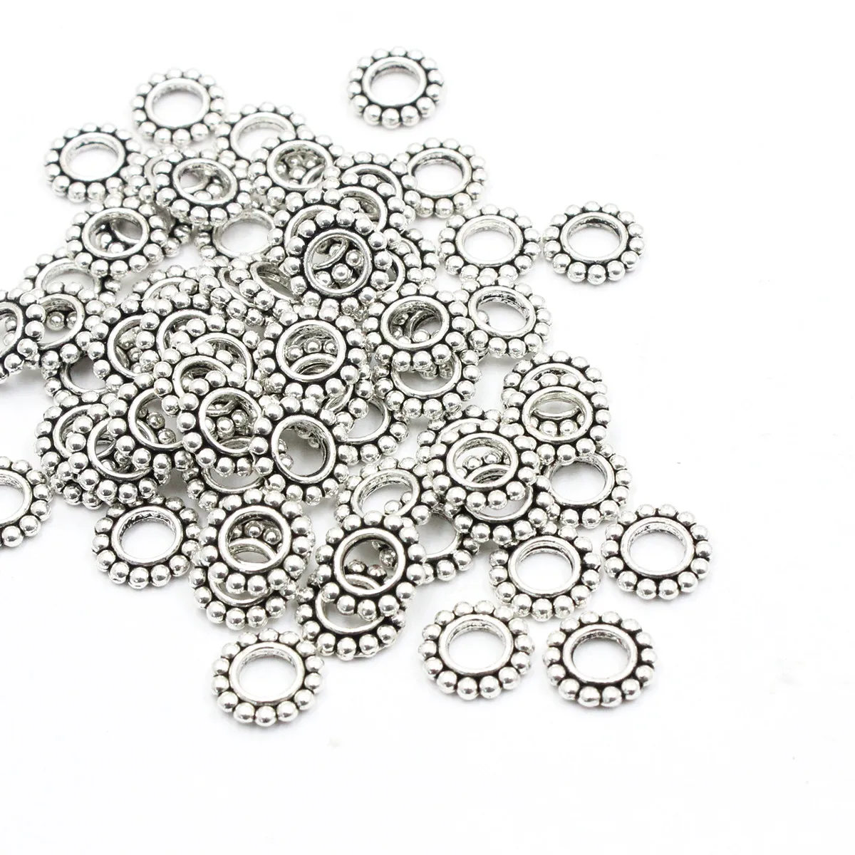 7mm Daisy Spacers with 2mm Hole, Antique Silver Jewelry Spacer Beads (30)