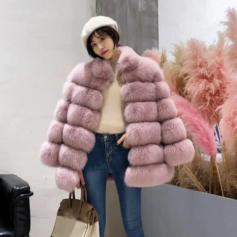 Винтажное теплое пушистое пальто из искусственного меха для женщин, воротник-стойка, меховая верхняя одежда из искусственного меха, воротник-стойка, зимние вечерние пальто на каждый день - Цвет: Розовый