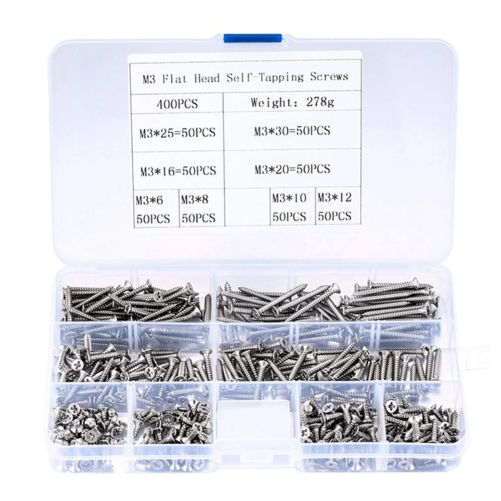 

400PCS/Box M3 Cross Flat Head Self Tapping Screw Assortment Kit Wood Thread Nail Screw Sets DIY Countersunk Head Small Screws