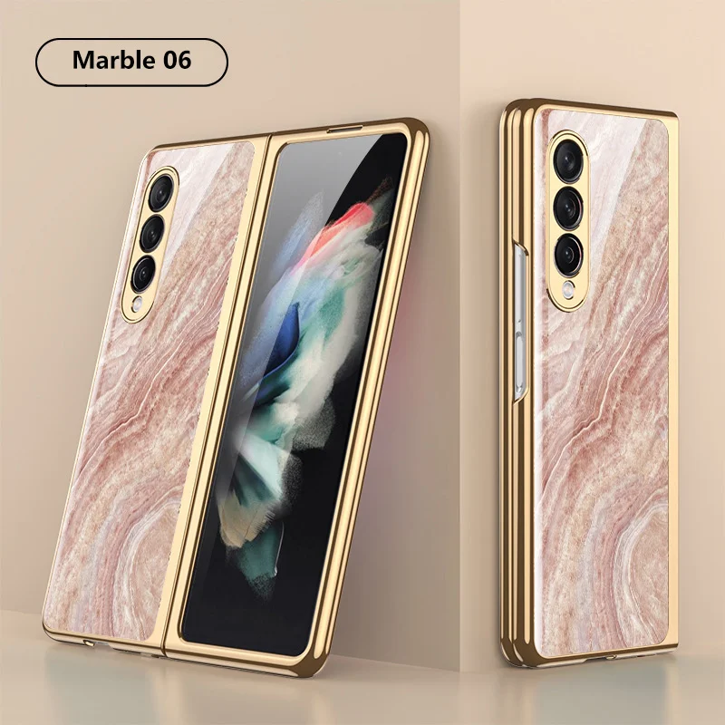 Hard Phone Cover For Samsung Galaxy Z Fold 3 5G Case Plating Glass Marble Pattern Precise Hole New Shockproof Protective Fundas kawaii phone case samsung Cases For Samsung