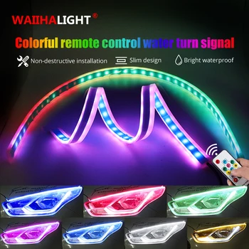 

2pcs Colorful Car LED Daytime Running Lights Auto Flowing Turn Signal Guide Strip Headlight Assembly Car Styling Remote Control