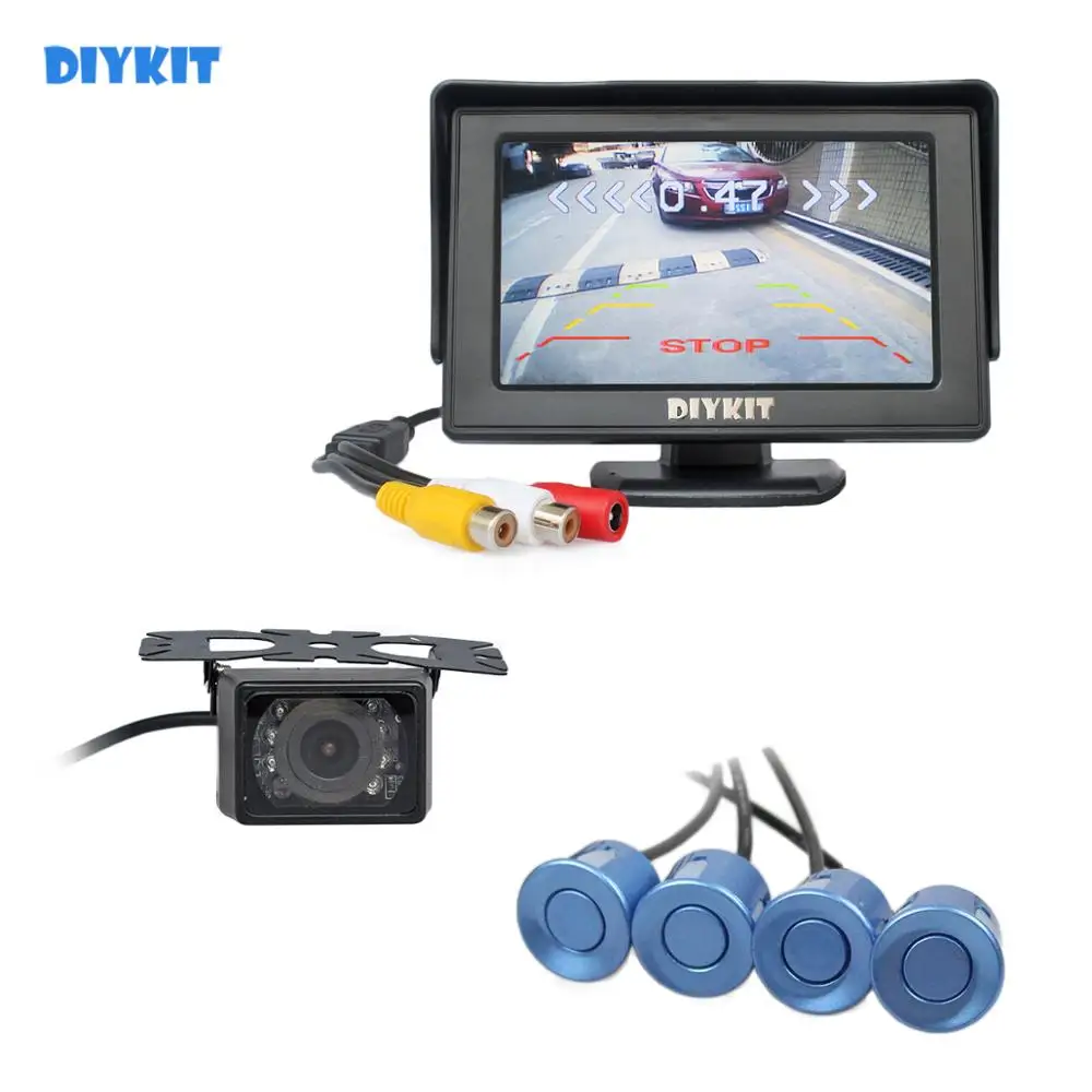 Diykit Видео парковочный радар 4.3 дюймов заднего вида автомобиля Мониторы комплект + парковочный радар + IR Ночное видение автомобиля Камера