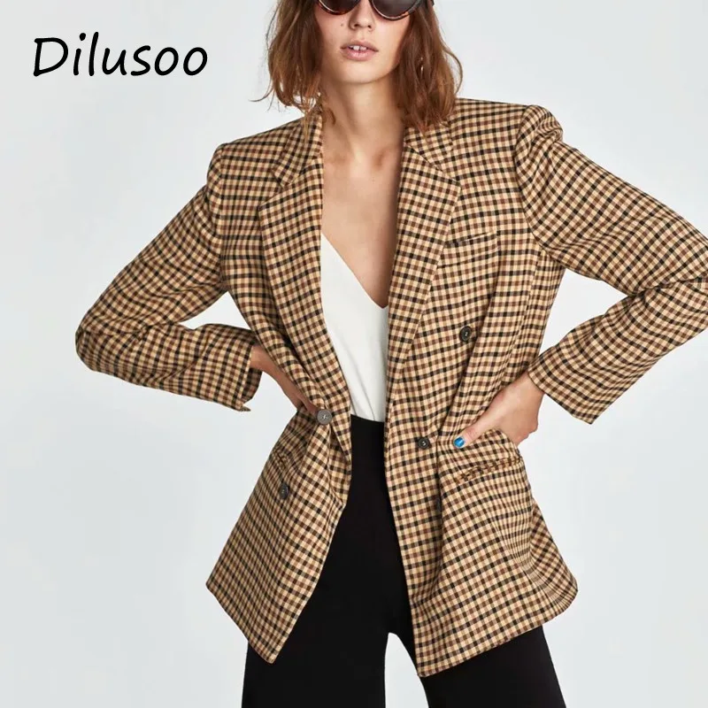 

Dilusoo Autumn Women Plaid Blazers Jackets Work Office Lady Suit Slim Double Breasted Business Female Blazer Coat Talever Ladies