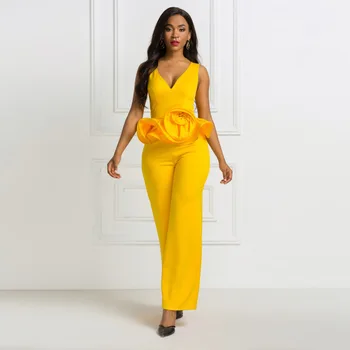 

Black Women Evening Dresses Jumpsuit Gold V Neck Women Formal Event Wear With Rose Flower YSAN484