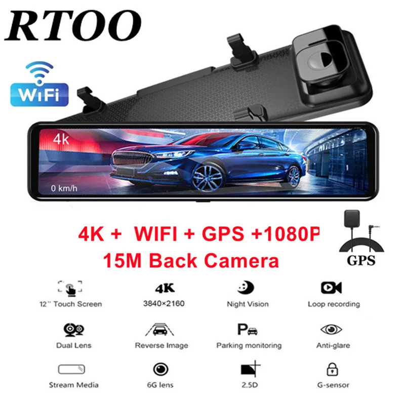 12 Inch Car DVR 4K 3840*2160P Touch Screen GPS Tracker Dual Lens Video Recorder Rearview Mirror Dash Cam Front and Rear Camera rear view mirror reverse camera DVR/Dash Cameras