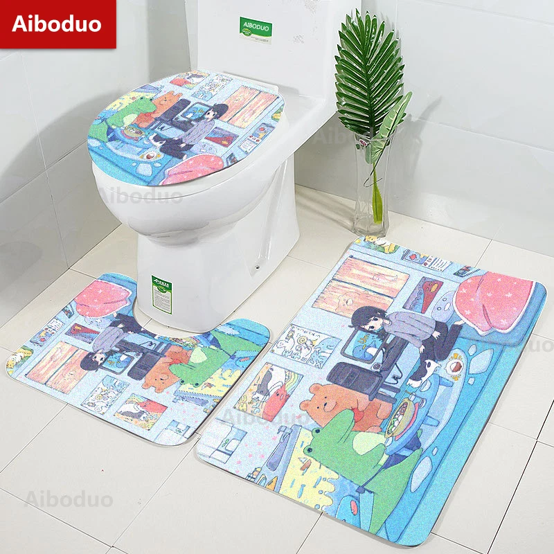 

Aiboduo Kawaii Girl Non Slip 3pcs/set Toilet Lid Cover Set 40*60cm Anime Restroom Rug BathMat Carpet Cute Warm Home Decoration