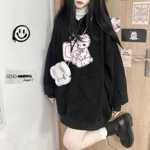 

Deeptown Kawaii Cartoon Print Pink Hoodies Women Harajuku Korean Style Female Pullover Sweatshirt Cute Gothic Black Top Winter