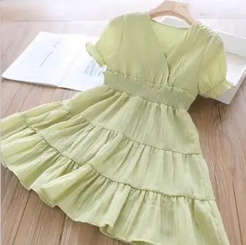 

kids dress for girls children's summer clothing new girl solid color v collar princess dresses child clothes wholesale