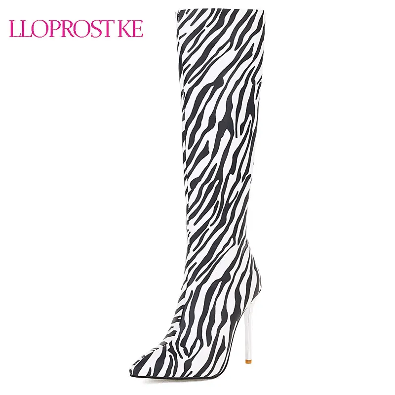 

Lloprost ke European American Zebra Pattern Pointed Toe Knee High Women's Boots Metal Super High Stiletto-Heel Sexy Long Boots