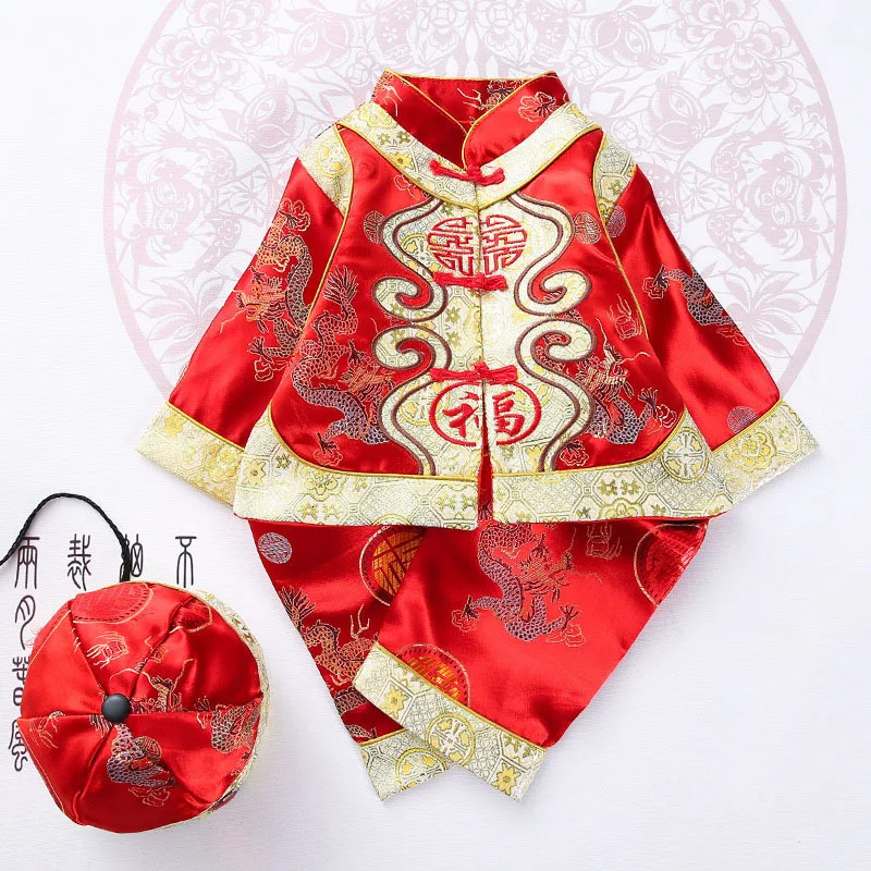 Детский костюм с вышитым драконом для девочек; Традиционный китайский комплект одежды для маленьких мальчиков с шапочкой - Цвет: Color