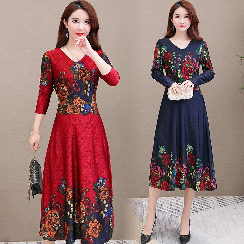 

2019 Autumn New Style Large Size Dress Plum Mom Large Hem Western Style Lady over-the-Knee Long Chiffon Dress