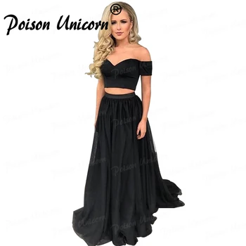 

Black Two Pieces Chiffon Long Prom Dresses 2020 Off the Shoulder Floor-length Formal Evening Party Gowns robe de soiree