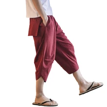 Мужские шаровары с шаговым швом, летние мешковатые брюки из натурального хлопка размера плюс, мужские свободные брюки с кулиской, размер M-XXXL