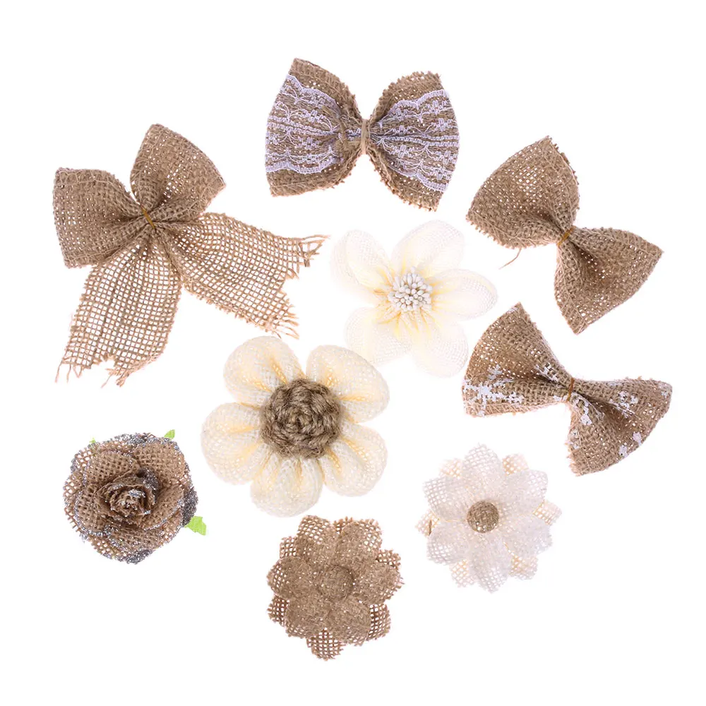 

7 styles Jute Hessian Burlap Flowers Sew on Patch for Handmade Clothes Artificial Rose Wedding Decor Christmas Party Supplies