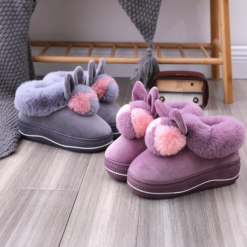 

Winter Women Home Furry Slippers Concise Soft Plush Slides House Rabbit Ears Warm Platform Shoes Couples Closed Cotton Slippers