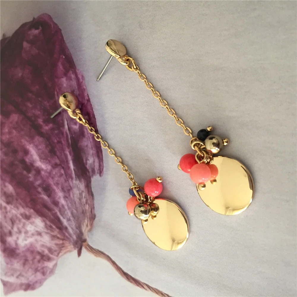 New Girly Gold Color Plating Plain Round Disc With Red Pink Navy Bead Long Drop Earrings For Women Elegant Jewlery Accessory Drop Earrings Aliexpress