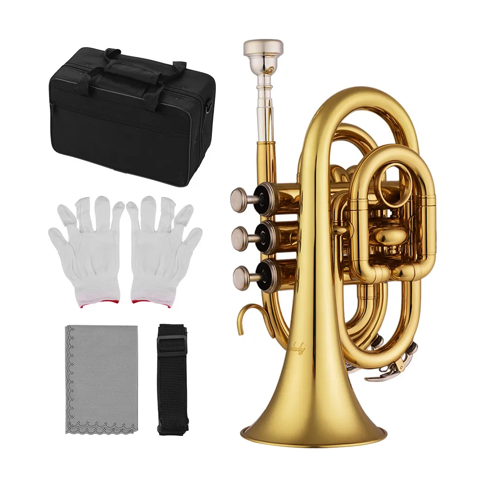 

Muslady Mini Pocket Trumpet Bb Flat Brass Material Wind Instrument with Mouthpiece Gloves Cleaning Cloth Carrying Case