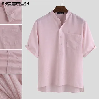 

2020 Summer Mens Short Sleeve Shirt Man Solid Color Cotton Tops Stand Collar Wash Striped Shirts Casual Button Camisa S-5XL