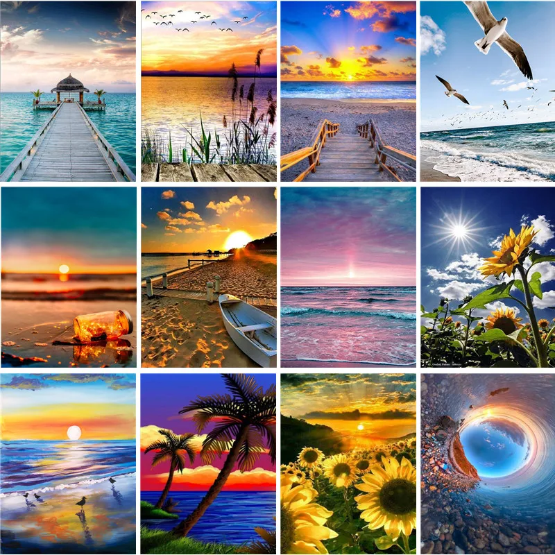 

5D DIY diamond painting landscape full round diamond diamond embroidery seaside cross stitch sunset home decoration