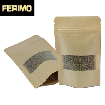 

Brown Stand Up Kraft Paper Zipper Top Package Pouch for Food Snack Storage With Plastic Matte Clear Window Pack Bags Resealable