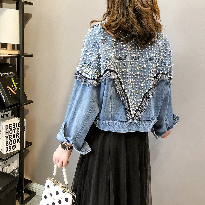 Women Spring Autumn Vintage Jeans Jacket With Beading Diamonds Tassel Lady Streetwear Loose Denim Jackets Coat Oversized Outwear Women Spring Autumn Vintage Jeans Jacket With Beading Diamonds Tassel Lady Streetwear Loose Denim Jackets Coat Oversized Outwear