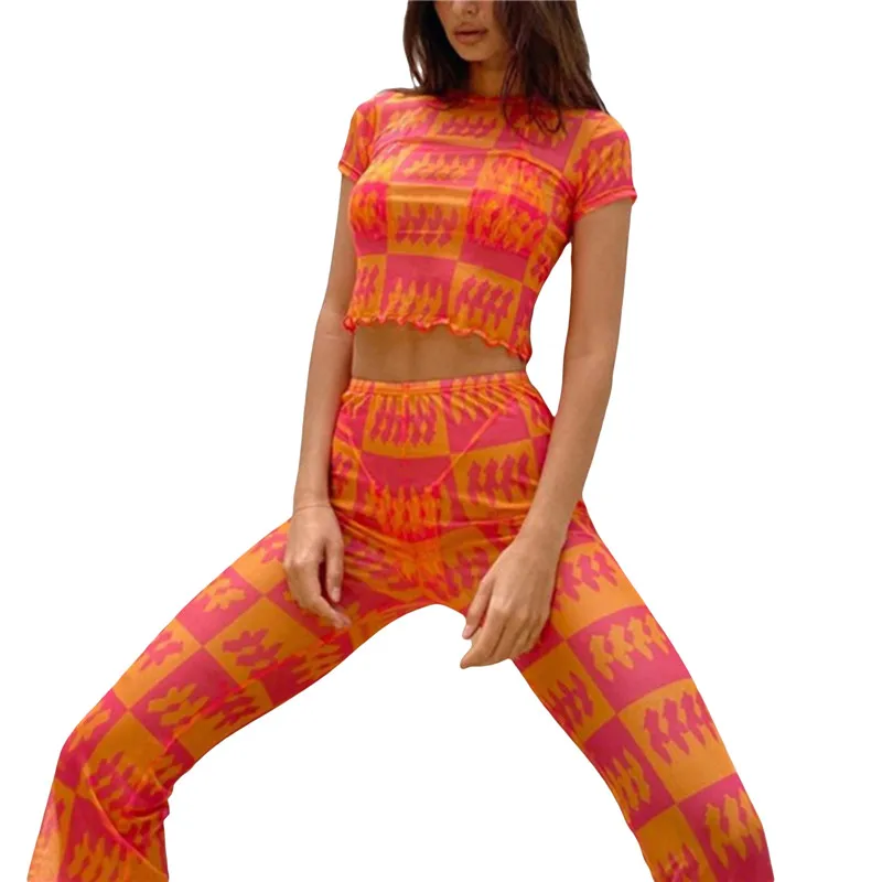 

Женский летний спортивный костюм из 2 предметов, облегающая клетчатая футболка с коротким рукавом и ложным воротником и широкие брюки с высокой талией для девочек, оранжевый светильник-зеленый