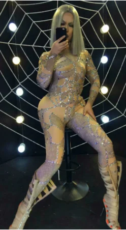 Сексуальное стрейчевое боди с имитацией обнаженного тела, женская одежда для ночного клуба, леггинсы, боди, наряд для танцев, костюмы для выступлений, стразы, комбинезон