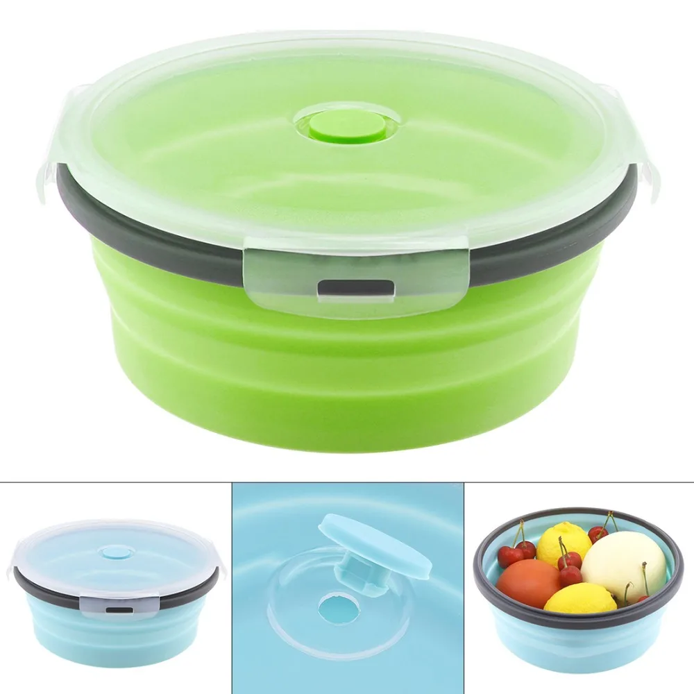 Folding Silicone Round Collapsible Lunch Box Bowl Picnic Storage Food Container 