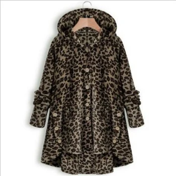 

Women Leopard Jackets Long Sleeve Warm Jackets Thicken Casual Fur Coats Button Cardigan Hooded Irregular Outerwear Coat