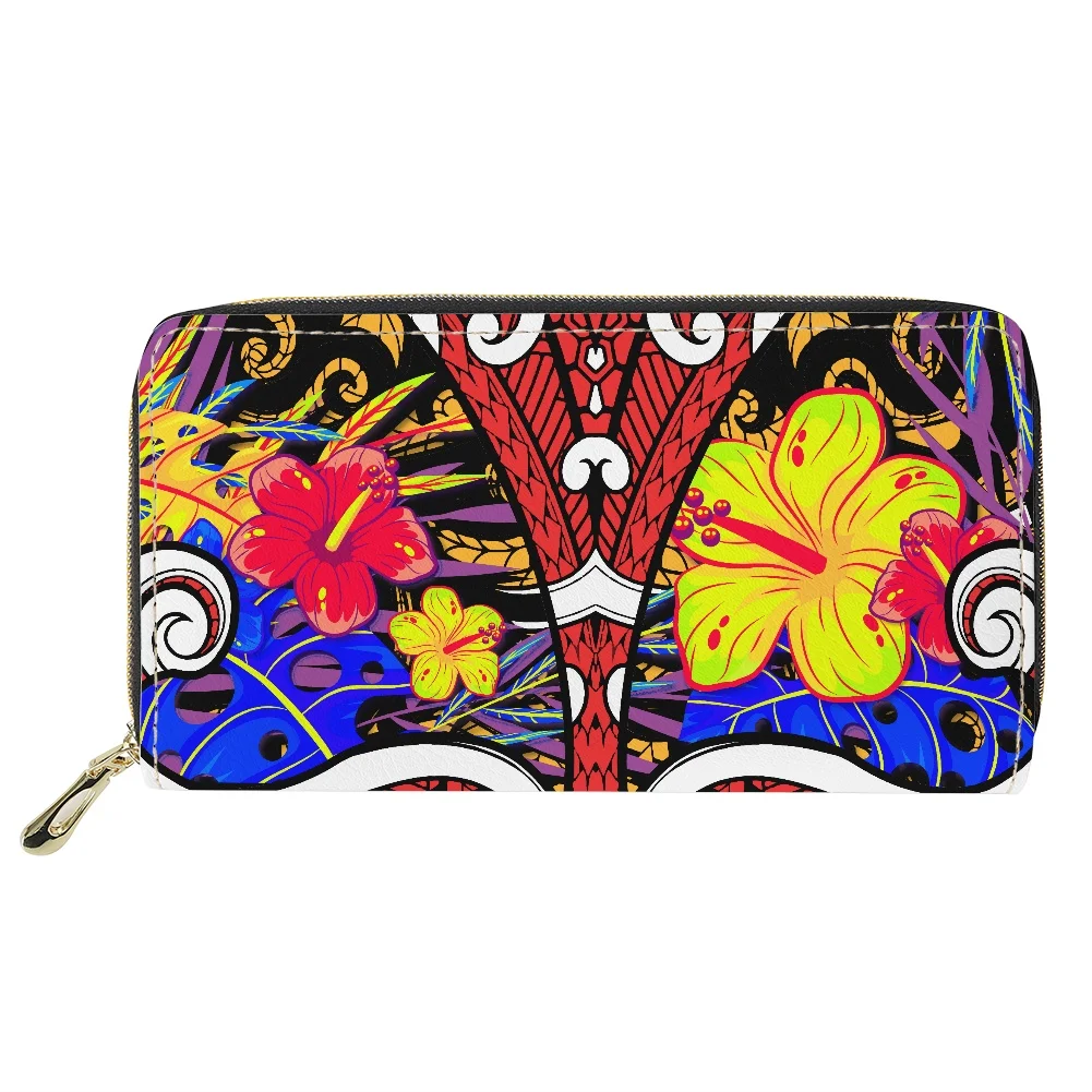 

Hycool Card Holder Money Bag Polynesian Tribal Hawaii Flower Pattern Ladies Wallet Free Shipping Long Pu Leather Women's Wallet