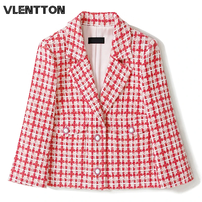 

Spring Autumn New Vintage Pink Plaid Wool Tweed Blazers Jackets Women Chic Button Short Suit Coat Female Tops Party Blazer Mujer