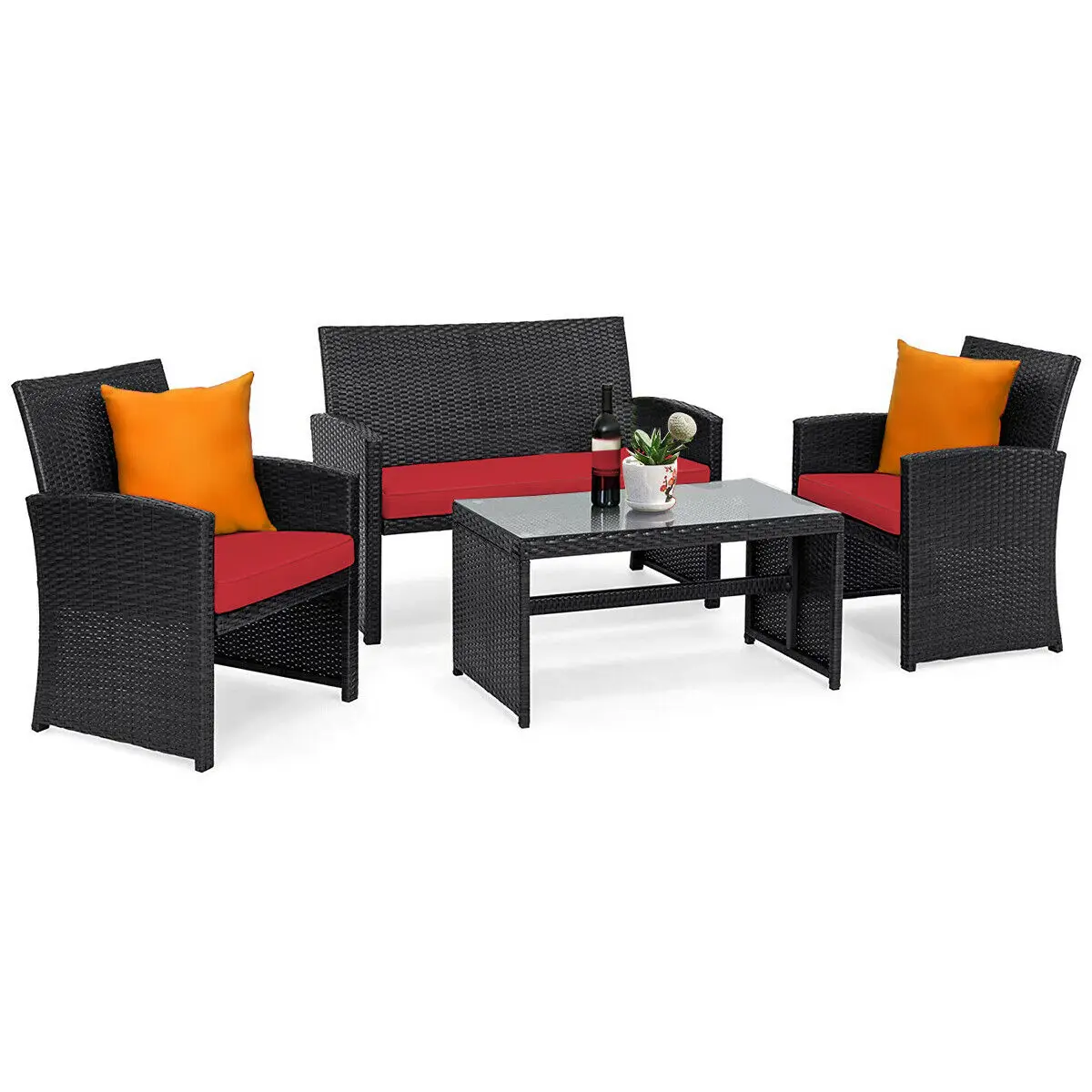 

4PCS Patio Rattan Furniture Conversation Set Cushion Sofa Table Garden Red HW63239RE