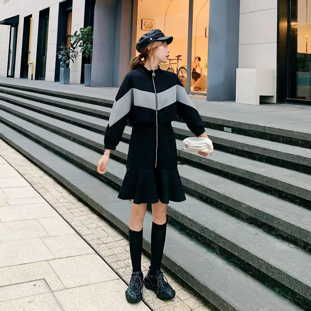

Photo Shoot CHIC Fashionable Space Cotton Hoodie Dress 2020 Spring New Style WOMEN'S Dress Retro Waist Hugging Contrast Color Dr