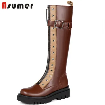 

Asumer 2021 Genuine Leather Shoes Women Riding Boots Mixed Colors Buckle Zip Thick Bottom Casual Shoes Women Knee High Boots