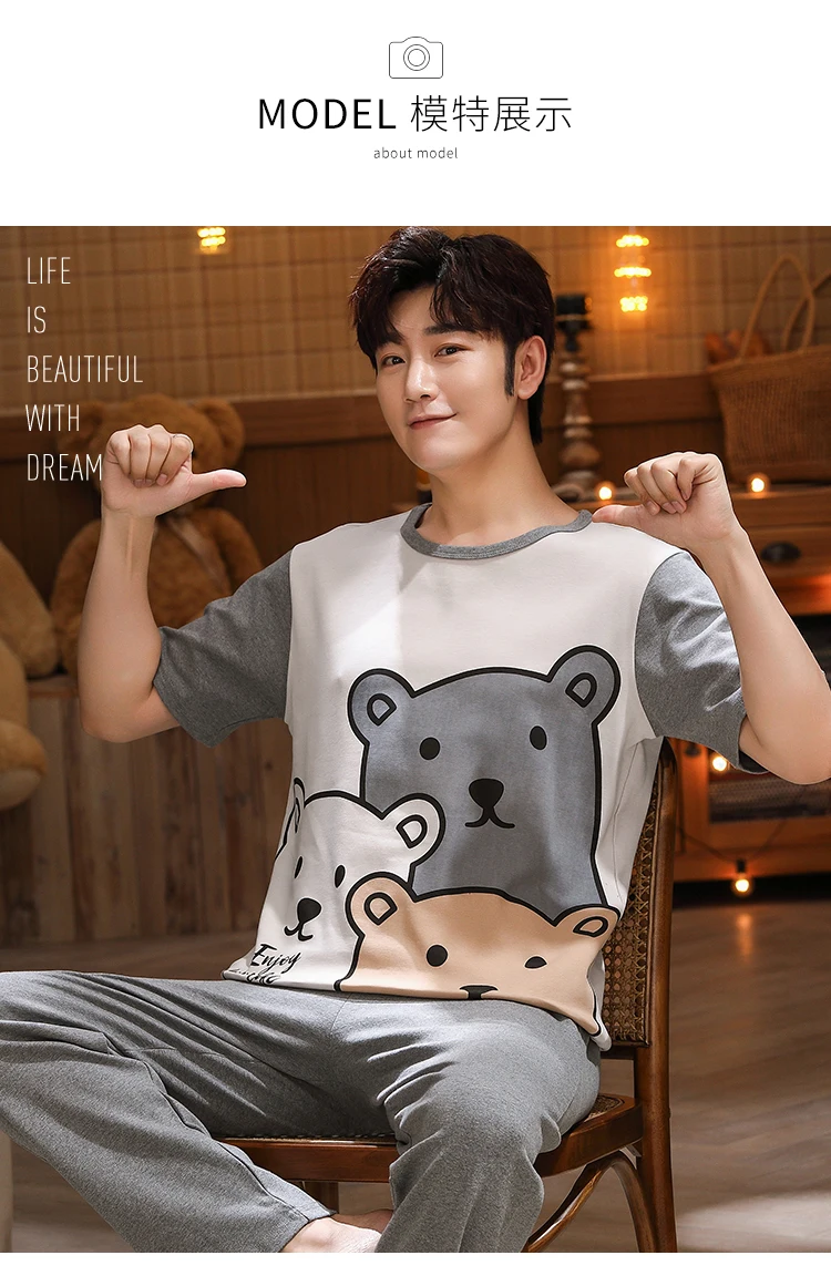 Summer Knitted Cotton Cartoon Mens Pyjamas Pajamas Casual Short Sleeve Long Pants Sets Men's Sleep Lounge Night Pijamas 4XL Home men's silk pajamas