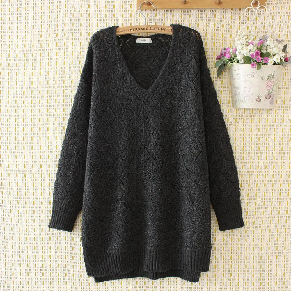 

Plus size wool hollow out V-neck loose women sweaters 2020 new autumn winter knitted pullovers tops female navy gray khaki