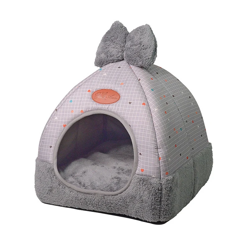 Горячая домик для собак Теплый питомник противоскользящая кровать для щенка кота плюшевый складной домик кровать для кошки собачье гнездо зимняя Конура - Цвет: Gray With lattices