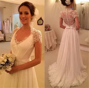 

Sweetheart Lace Top Short Sleeves A-Line Wedding Dresses Chiffon Long Skirt Bridal Gowns Zipper Back Custom Made Long