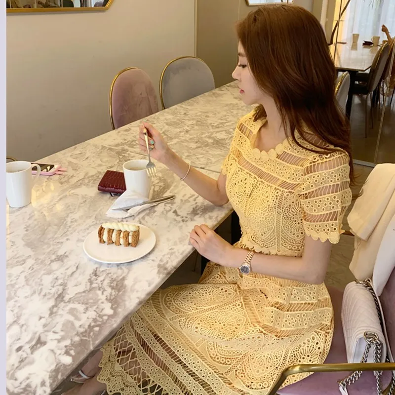 Женское элегантное желтое кружевное платье, летнее сексуальное открытое платье миди, повседневная женская одежда, винтажные вечерние платья