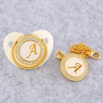 

Golden Initial Letter Baby Pacifier With Chain Clip Luxury Sucette Bebe BPA Free White Chupete For 0-18 Months