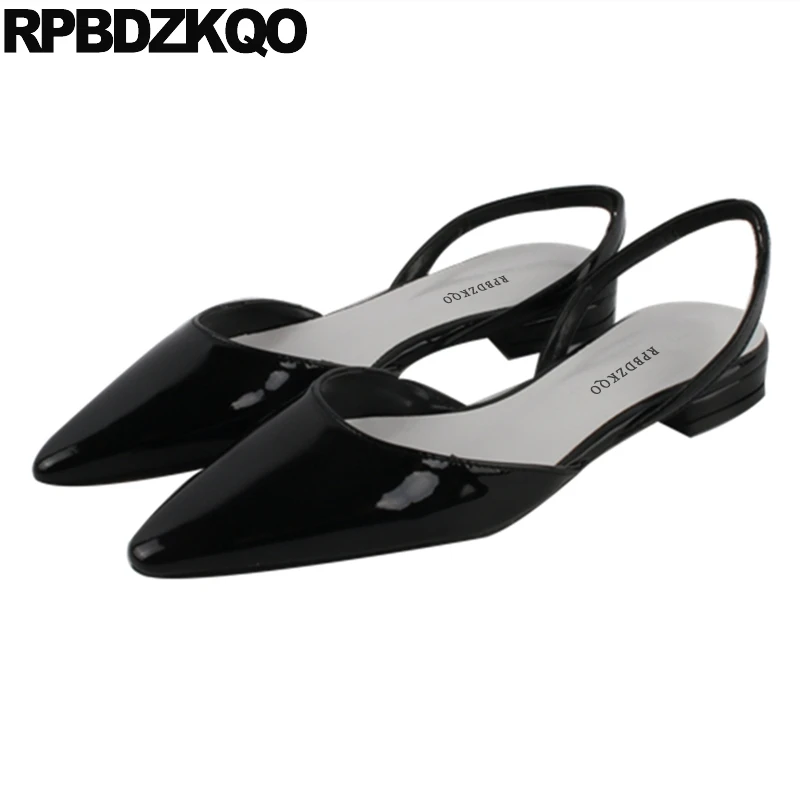 Pointed Toe Low Heel Black Sandals Work Slingback Large Size Designer