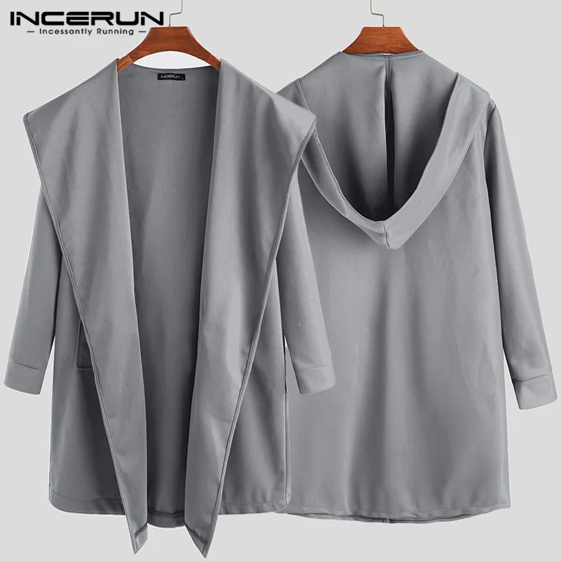 INCERUN Fashion Men's Trench Outerwear Long Sleeve Hooded Pockets Casual Chic Coats Streetwear Solid Men Long Windbreakers
