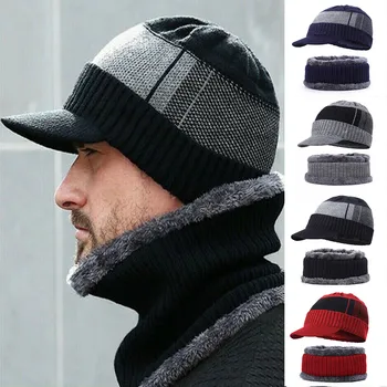 

Men Winter Warm Hat Knit Visor Fleece Lined Cap Soft Breathable with Scarf Loops Set B2Cshop