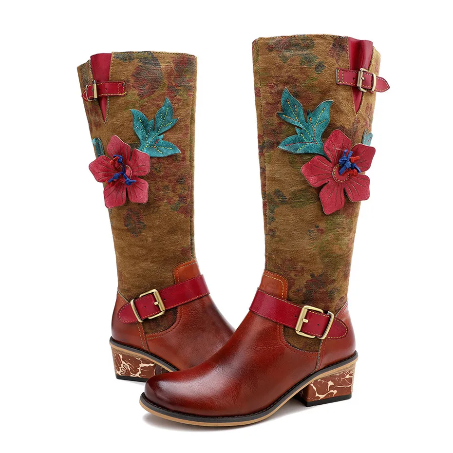 2020 Autumn Winter New Women's Knee High Riding Boots Ethnic Genuine Leather High Heels Female Western Boots Footwear Handmade (15)