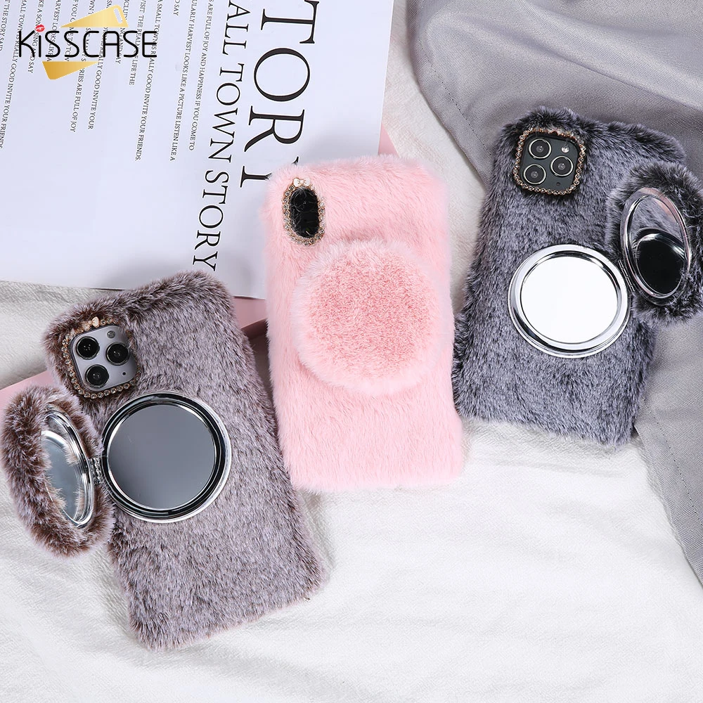 KISSCASE 2 IN 1 Mirror with Phone Case For iPhone 11 Pro Max XS MAX X 10 Furry Cases PRO 6 6s 7 8 Plus XR Capa |