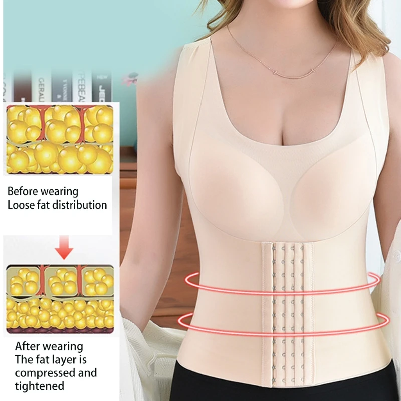 Women 4-In-1 Seanless Front Buckle Bra Wireless Push Up Padded Posture Corrector Tank Top Girdle Body Shaper Cross Back