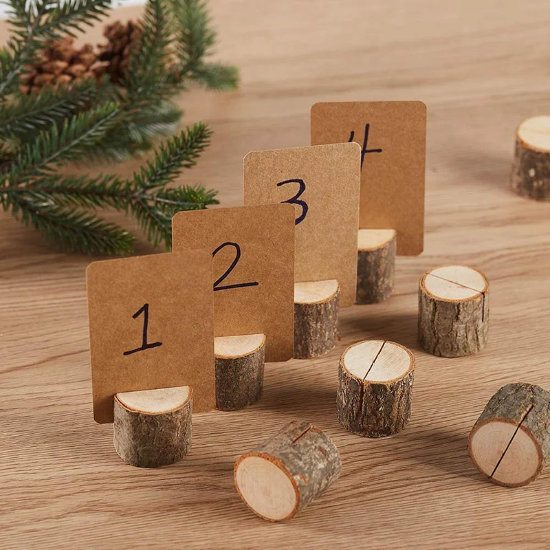 

Rustic Wood Wedding Place Card Holders with 40 Pcs Kraft Tented Cards Half-Round Table Numbers Holder Stand Picture Note Clip Ho