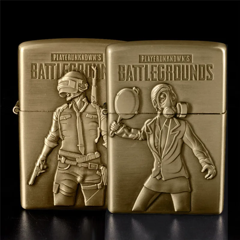 

PUBG Fire Lighter Bronze Kerosene Oil Lighter Eat Chicken Refillable Game Cigarette Metal Retro Men Gadgets Battlegrounds