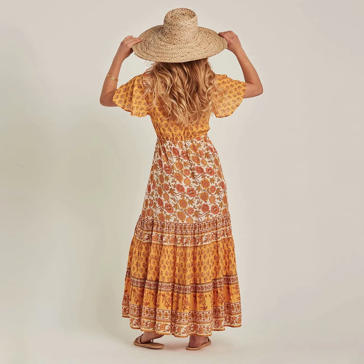 KIYUMI Boho Платье женское на пуговицах спереди с v-образным вырезом Макси платья Лето цыганский шик Vestido короткий рукав сарафан пляжное Повседневное платье