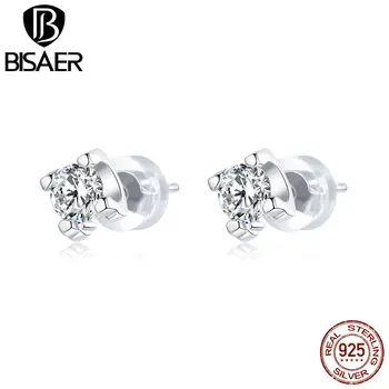 

BISAER New 925 Sterling Silver Simple Zircon Earrings Small Stud Earrings for Women Fashion Wedding Earrings ECE974